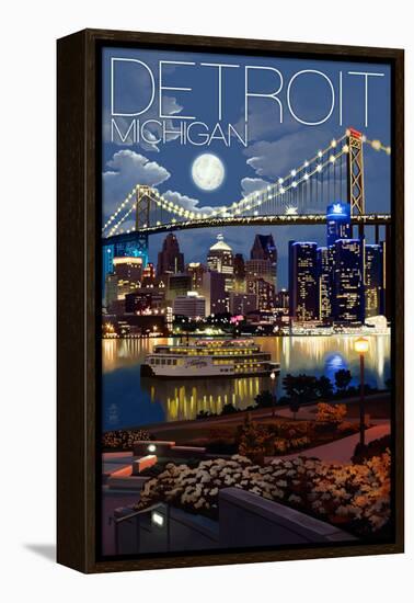 Detroit, Michigan - Skyline at Night-Lantern Press-Framed Stretched Canvas