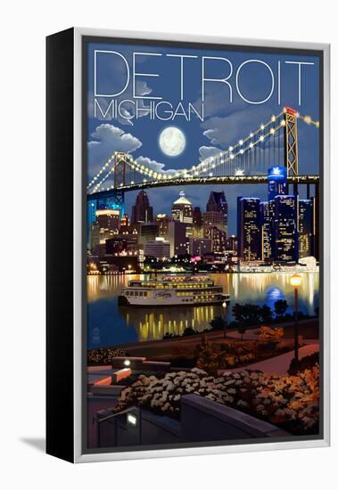 Detroit, Michigan - Skyline at Night-Lantern Press-Framed Stretched Canvas