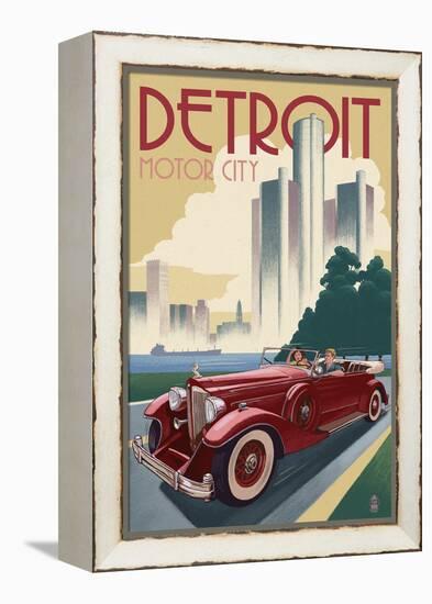 Detroit, Michigan - Vintage Car and Skyline-Lantern Press-Framed Stretched Canvas