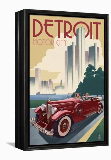 Detroit, Michigan - Vintage Car and Skyline-Lantern Press-Framed Stretched Canvas