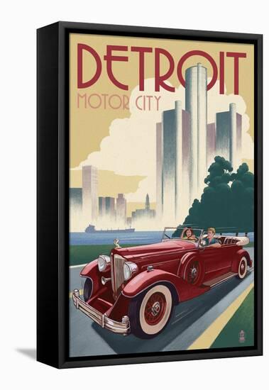 Detroit, Michigan - Vintage Car and Skyline-Lantern Press-Framed Stretched Canvas