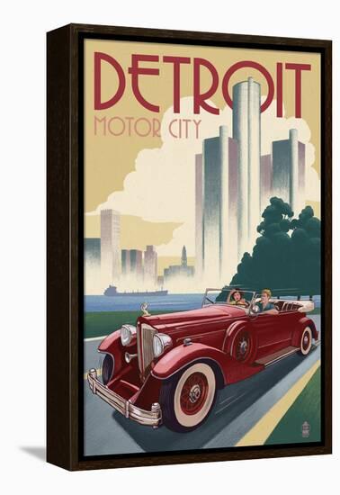 Detroit, Michigan - Vintage Car and Skyline-Lantern Press-Framed Stretched Canvas