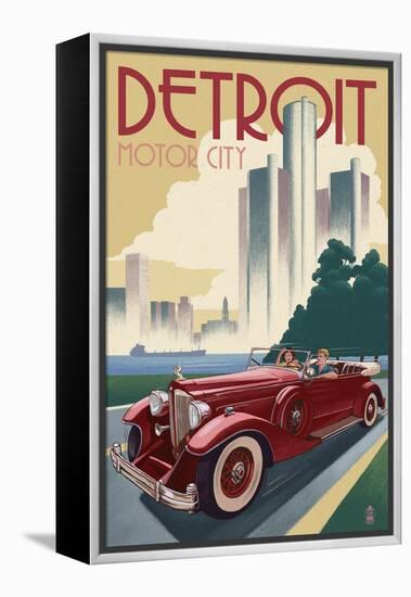 Detroit, Michigan - Vintage Car and Skyline-Lantern Press-Framed Stretched Canvas