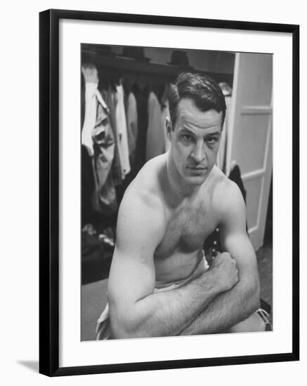 Detroit Red Wings Player Gordie Howe Sitting in the Dressing Room-null-Framed Premium Photographic Print