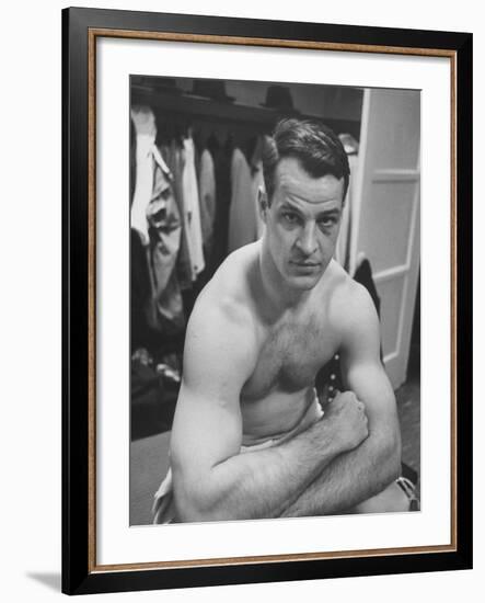 Detroit Red Wings Player Gordie Howe Sitting in the Dressing Room-null-Framed Premium Photographic Print