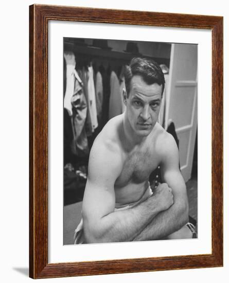 Detroit Red Wings Player Gordie Howe Sitting in the Dressing Room-null-Framed Premium Photographic Print