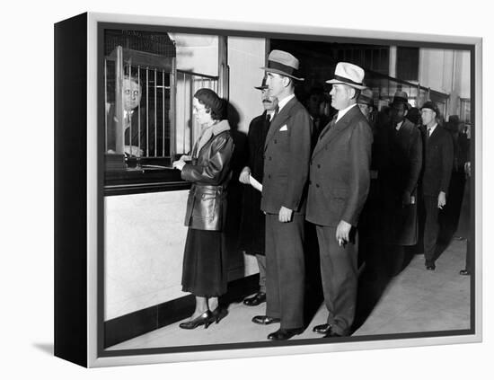 Detroit Workers Line Up at the New Chrysler Emergency Bank at Tellers Window-null-Framed Stretched Canvas