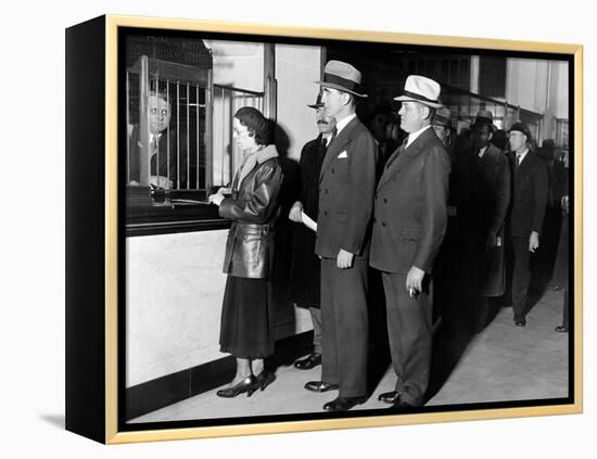 Detroit Workers Line Up at the New Chrysler Emergency Bank at Tellers Window-null-Framed Stretched Canvas