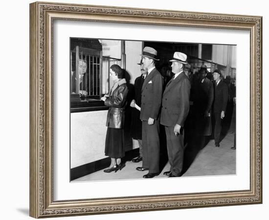 Detroit Workers Line Up at the New Chrysler Emergency Bank at Tellers Window-null-Framed Photo