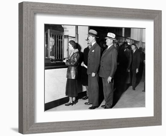 Detroit Workers Line Up at the New Chrysler Emergency Bank at Tellers Window-null-Framed Photo