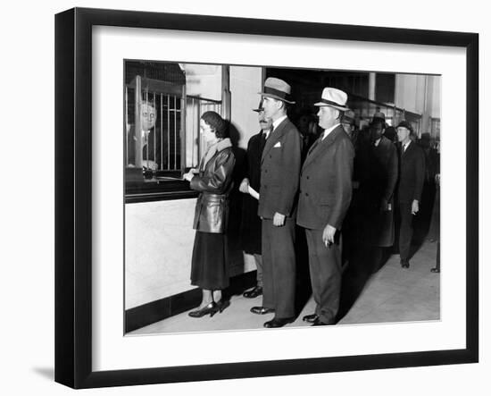 Detroit Workers Line Up at the New Chrysler Emergency Bank at Tellers Window-null-Framed Photo