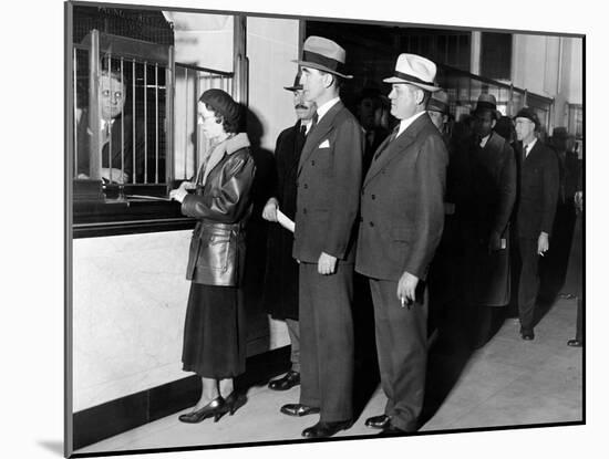 Detroit Workers Line Up at the New Chrysler Emergency Bank at Tellers Window-null-Mounted Photo