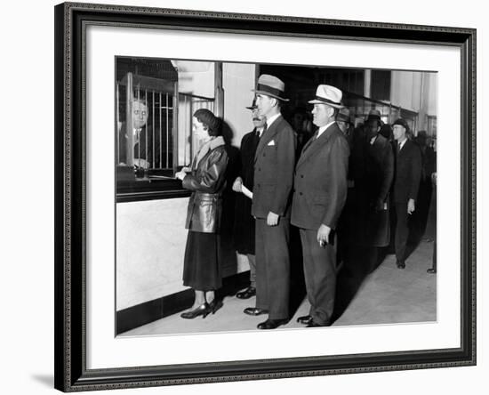 Detroit Workers Line Up at the New Chrysler Emergency Bank at Tellers Window-null-Framed Photo