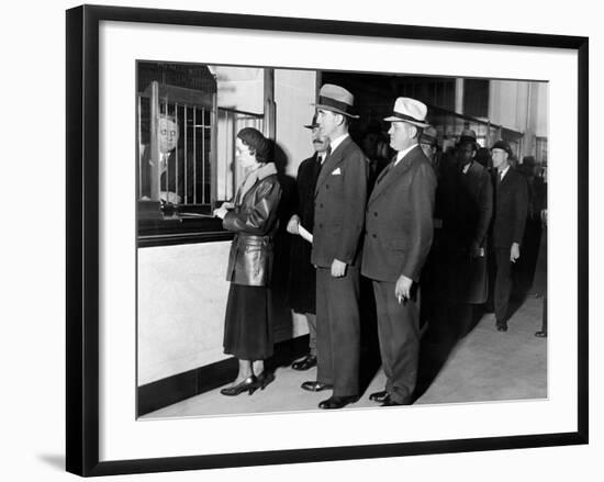 Detroit Workers Line Up at the New Chrysler Emergency Bank at Tellers Window-null-Framed Photo