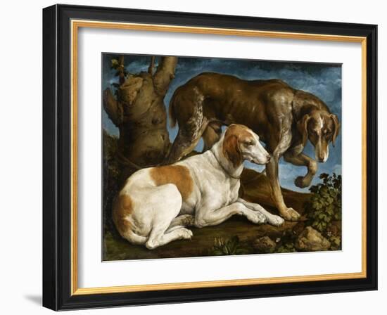 Deux chiens de chasse attachés à une souche-Jacopo Bassano-Framed Giclee Print