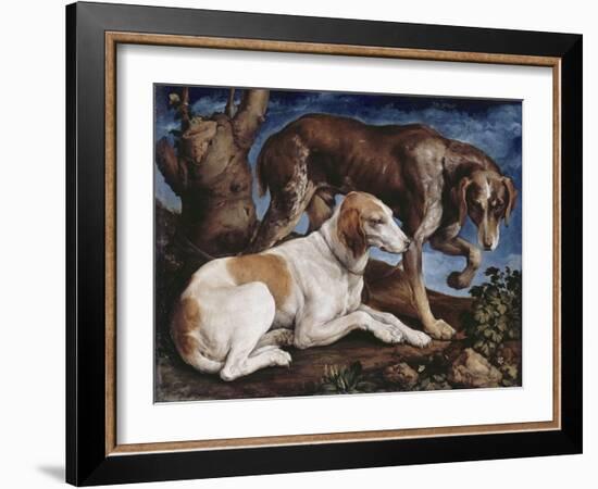 Deux chiens de chasse attachés à une souche-Jacopo Bassano-Framed Giclee Print