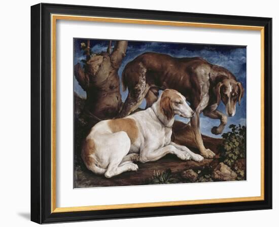 Deux chiens de chasse attachés à une souche-Jacopo Bassano-Framed Giclee Print