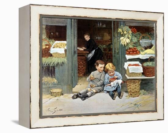 Deux Enfants Mangent Une Pomme Et Des Fraises. Illustration, 1894.-Victor Gabriel Gilbert-Framed Premier Image Canvas