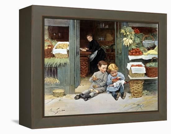 Deux Enfants Mangent Une Pomme Et Des Fraises. Illustration, 1894.-Victor Gabriel Gilbert-Framed Premier Image Canvas