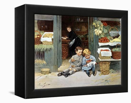 Deux Enfants Mangent Une Pomme Et Des Fraises. Illustration, 1894.-Victor Gabriel Gilbert-Framed Premier Image Canvas