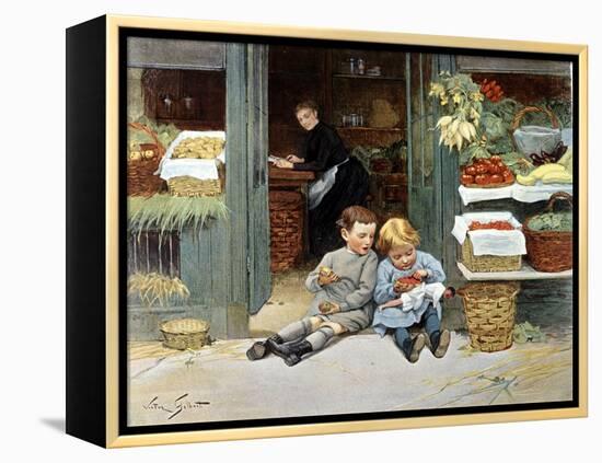 Deux Enfants Mangent Une Pomme Et Des Fraises. Illustration, 1894.-Victor Gabriel Gilbert-Framed Premier Image Canvas