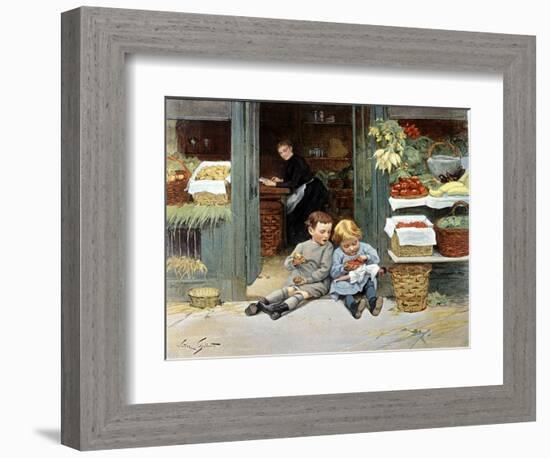 Deux Enfants Mangent Une Pomme Et Des Fraises. Illustration, 1894.-Victor Gabriel Gilbert-Framed Giclee Print