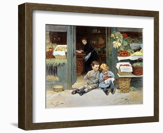 Deux Enfants Mangent Une Pomme Et Des Fraises. Illustration, 1894.-Victor Gabriel Gilbert-Framed Giclee Print