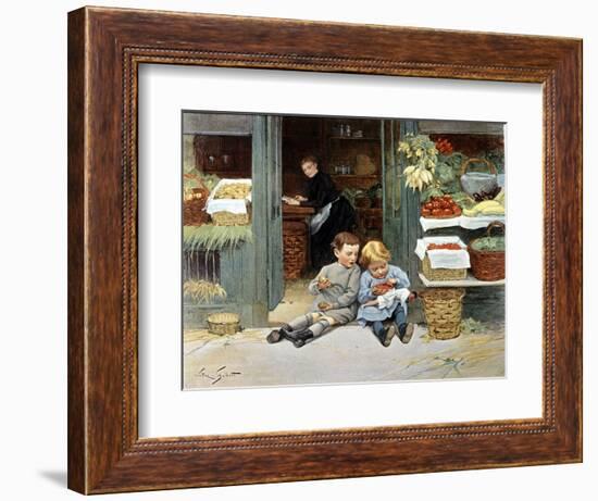 Deux Enfants Mangent Une Pomme Et Des Fraises. Illustration, 1894.-Victor Gabriel Gilbert-Framed Giclee Print