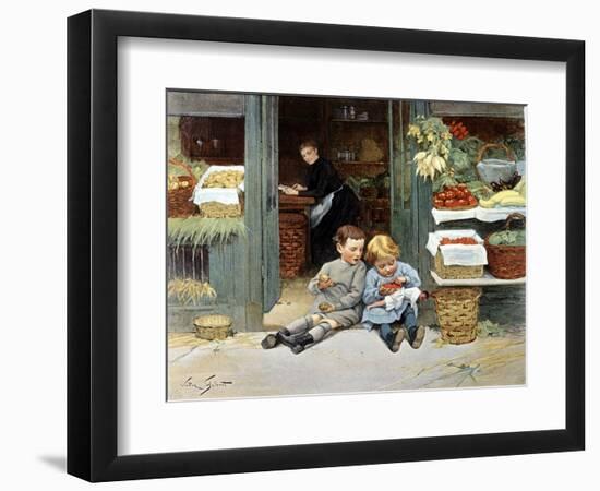 Deux Enfants Mangent Une Pomme Et Des Fraises. Illustration, 1894.-Victor Gabriel Gilbert-Framed Giclee Print