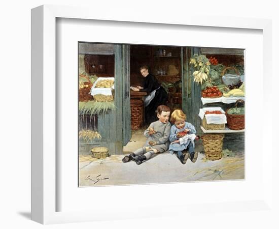 Deux Enfants Mangent Une Pomme Et Des Fraises. Illustration, 1894.-Victor Gabriel Gilbert-Framed Giclee Print