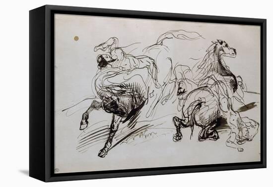 Deux études d'homme nu, l'un attaché à un cheval, l'autre tombant de cheval; croquis pour un-Eugene Delacroix-Framed Premier Image Canvas