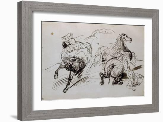 Deux études d'homme nu, l'un attaché à un cheval, l'autre tombant de cheval; croquis pour un-Eugene Delacroix-Framed Giclee Print