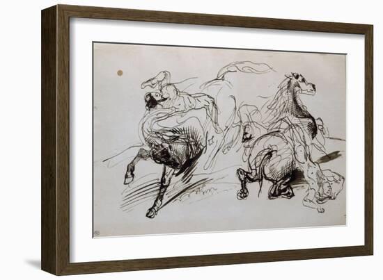 Deux études d'homme nu, l'un attaché à un cheval, l'autre tombant de cheval; croquis pour un-Eugene Delacroix-Framed Giclee Print