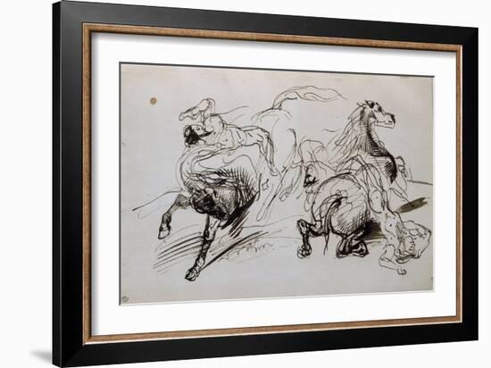 Deux études d'homme nu, l'un attaché à un cheval, l'autre tombant de cheval; croquis pour un-Eugene Delacroix-Framed Giclee Print