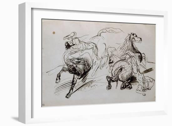 Deux études d'homme nu, l'un attaché à un cheval, l'autre tombant de cheval; croquis pour un-Eugene Delacroix-Framed Giclee Print