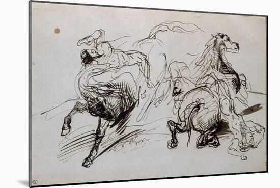 Deux études d'homme nu, l'un attaché à un cheval, l'autre tombant de cheval; croquis pour un-Eugene Delacroix-Mounted Giclee Print