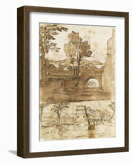 Deux études du même paysage avec un pont, sous deux angles différents-Giovanni Francesco Grimaldi-Framed Giclee Print