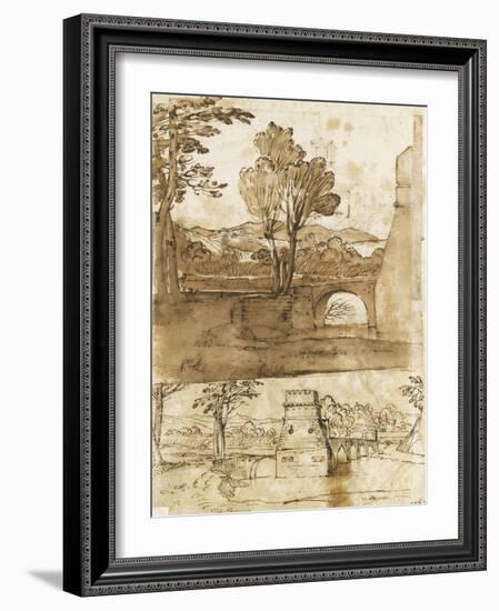 Deux études du même paysage avec un pont, sous deux angles différents-Giovanni Francesco Grimaldi-Framed Giclee Print