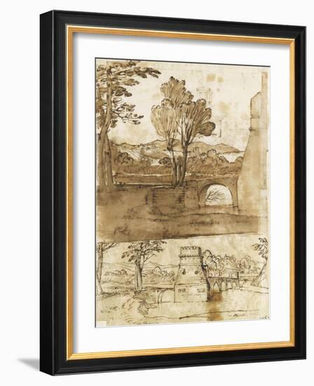 Deux études du même paysage avec un pont, sous deux angles différents-Giovanni Francesco Grimaldi-Framed Giclee Print