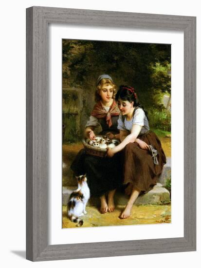 Deux Fillies Avec Un Panier De Chatons-Emile Munier-Framed Art Print