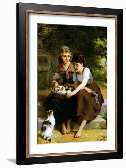 Deux Fillies Avec Un Panier De Chatons-Emile Munier-Framed Art Print