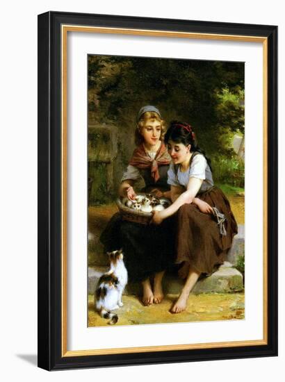 Deux Fillies Avec Un Panier De Chatons-Emile Munier-Framed Art Print