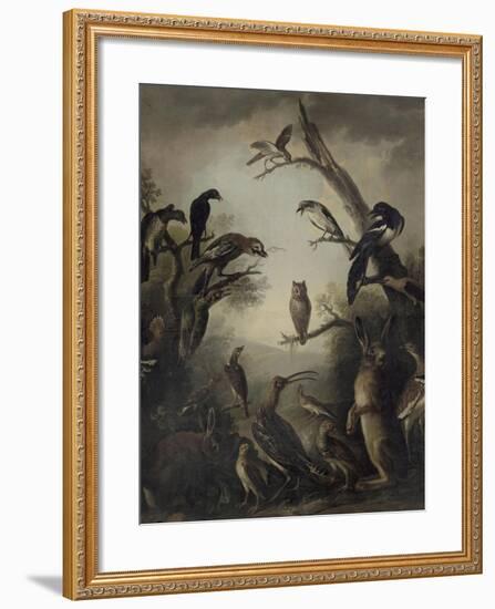 Deux lièvres parmi une grande quantité d'oiseaux.-Nicasius Bernaerts-Framed Giclee Print