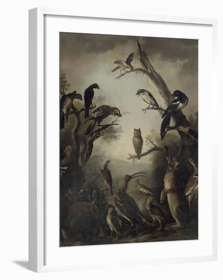 Deux lièvres parmi une grande quantité d'oiseaux.-Nicasius Bernaerts-Framed Giclee Print