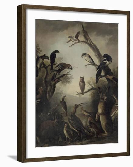 Deux lièvres parmi une grande quantité d'oiseaux.-Nicasius Bernaerts-Framed Giclee Print