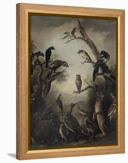 Deux lièvres parmi une grande quantité d'oiseaux.-Nicasius Bernaerts-Framed Premier Image Canvas