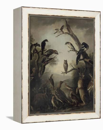 Deux lièvres parmi une grande quantité d'oiseaux.-Nicasius Bernaerts-Framed Premier Image Canvas