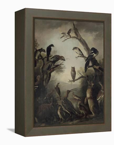 Deux lièvres parmi une grande quantité d'oiseaux.-Nicasius Bernaerts-Framed Premier Image Canvas