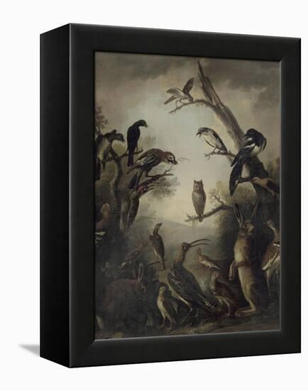 Deux lièvres parmi une grande quantité d'oiseaux.-Nicasius Bernaerts-Framed Premier Image Canvas