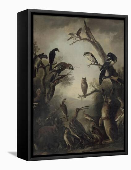 Deux lièvres parmi une grande quantité d'oiseaux.-Nicasius Bernaerts-Framed Premier Image Canvas